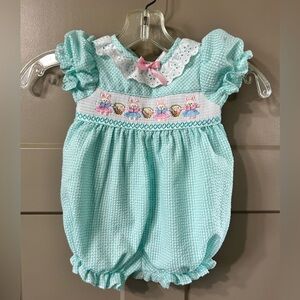 Smocked Baby Bubble Romper Mint teal Pastel Embroidery Easter bunny baskets